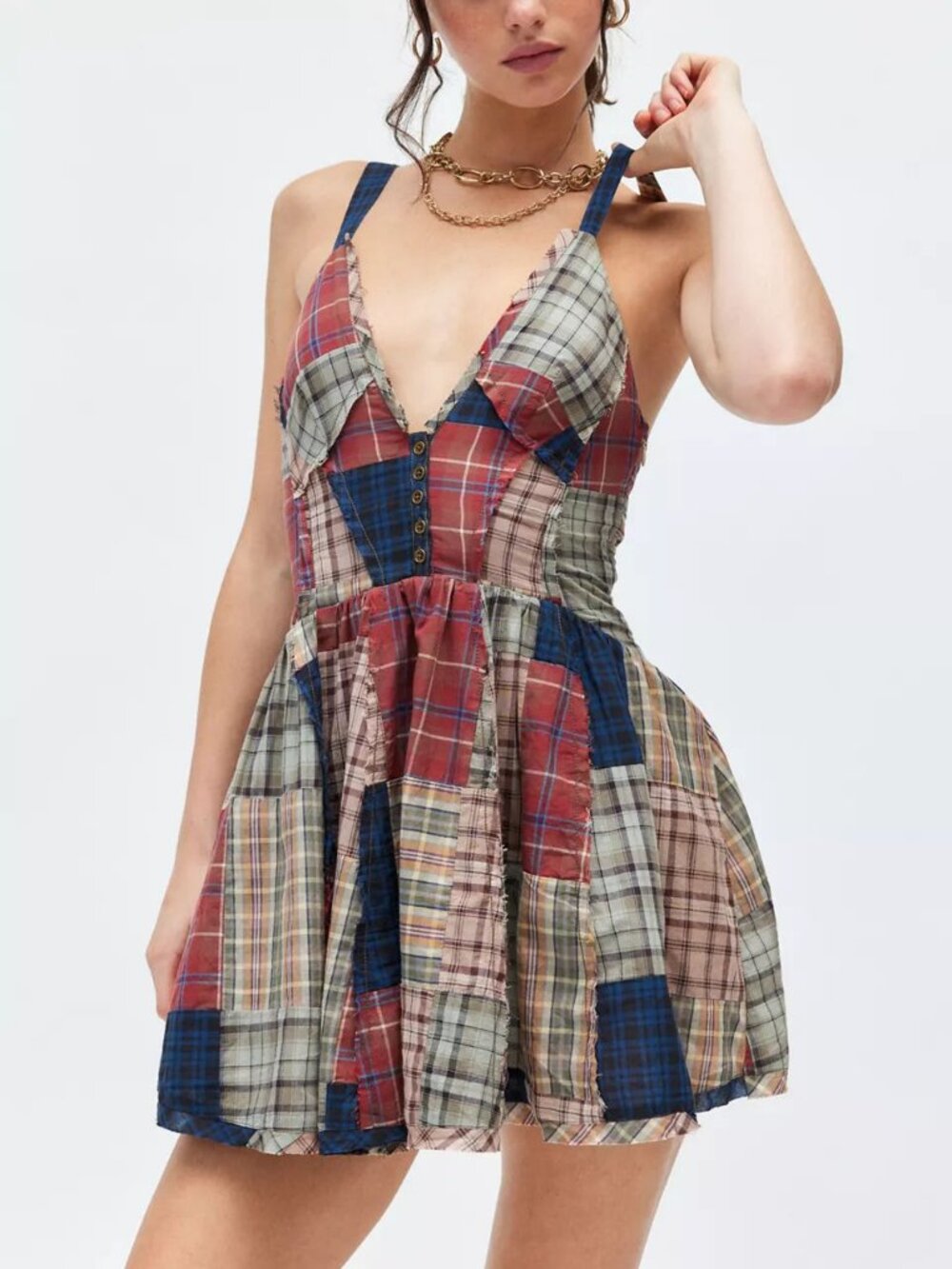BDG Bryn Plaid Patchwork Fit & Flare Mini Dress